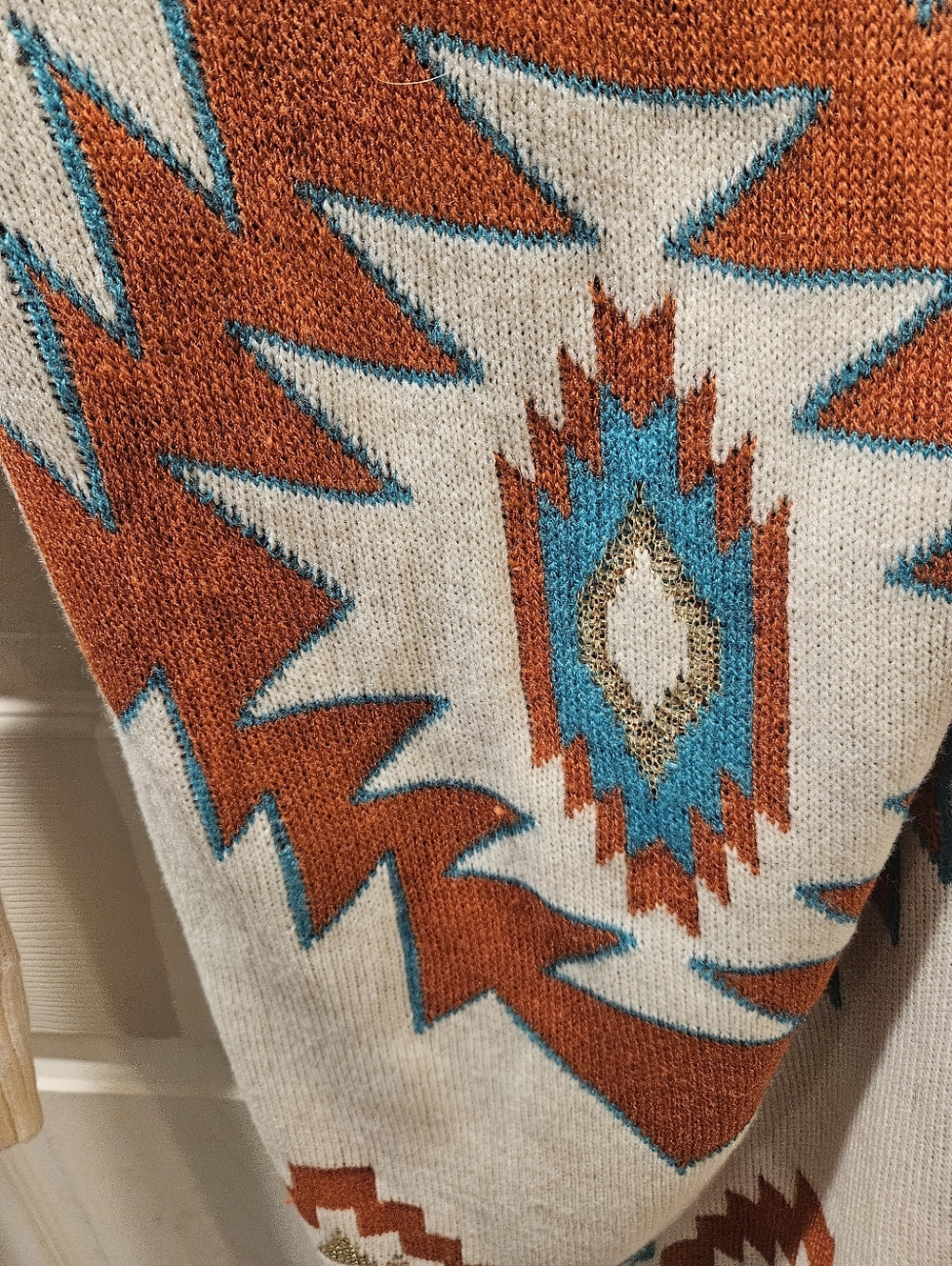 Open-Front Cardigan with Rust & Teal Geometric Pattern - Picture 4 of 4